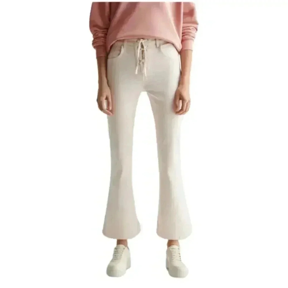Mango Beige‎ Lace Up Flare High Waist Jeans Tie Closure Denim Pants L NWT